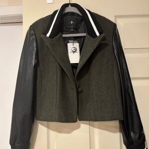 7 For All Mankind Olive Green Jacket with Black Faux-Leather Sleeves